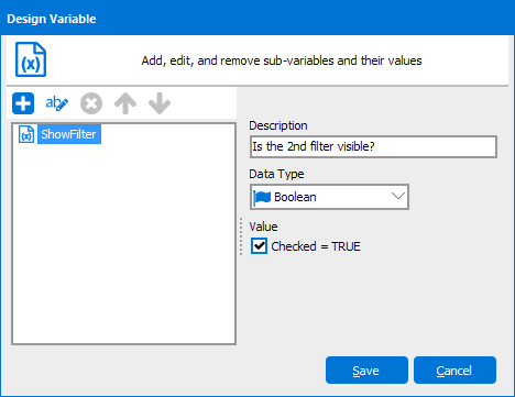 Boolean variable "ShowFilter" used to indicate whether a 2nd filter is visible or not.